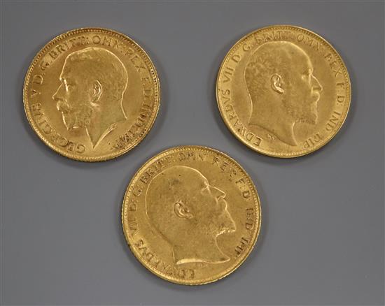 Three Edward VII/George V gold half sovereigns, 1903, VF, 1906S, VF, and 1913 NVF